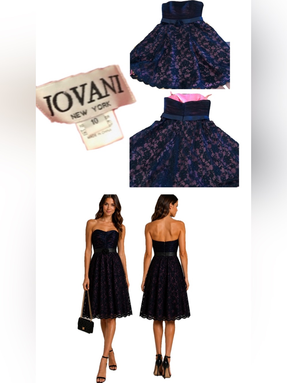 Jovani Navy Lace Dress with Pink Lining